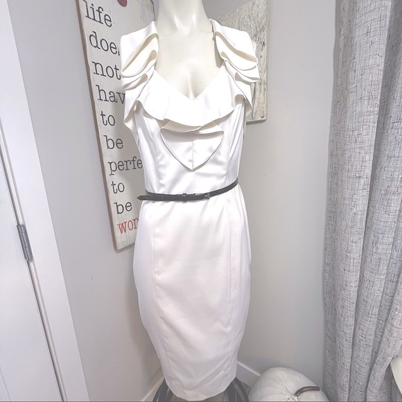 Evan Picone dress ivory satin ruffle with side zipper and belt - Picture 1 of 9